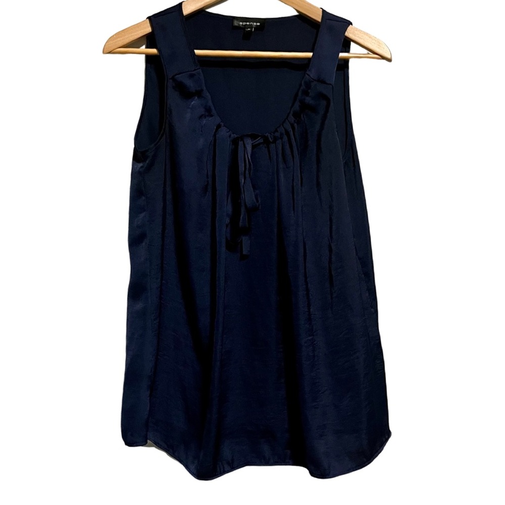 Spense Women's Blouse Dark Blue Sleeveless Shell Bow Front Top Career Dressy